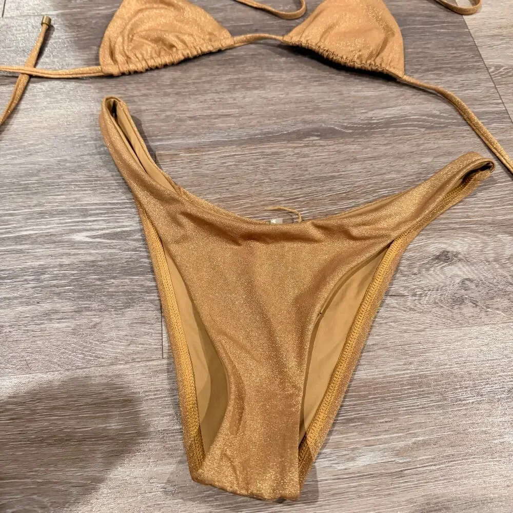 Vitamin A Gia Golden Glow Metallic Triangle Bikini Set Size Small
